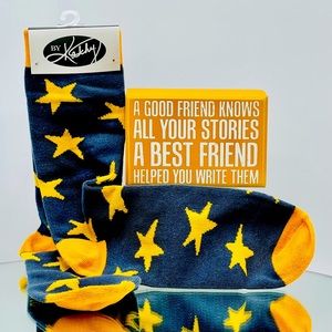 Box Sign and Socks Gift Set. Home Decor Chunky Shelf Sitter Desktop or Wall Art